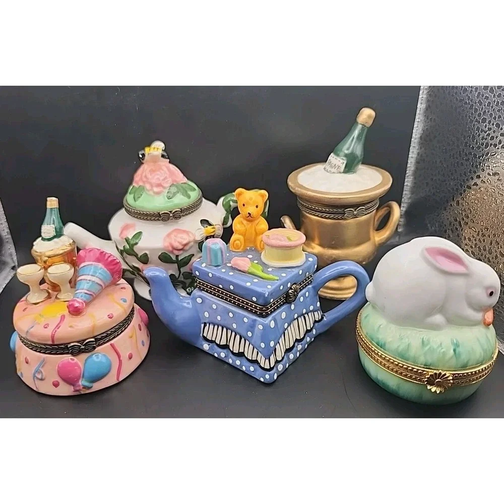 Takahashi Bunny Enesco Decorative Trinket Boxes Hinge Teapots & Champagne Party!